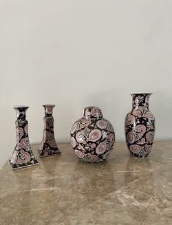 4 Piece Antique Porcelain Chinese Famille Noire Decorative Set with Vase, Jar & Candle Holders