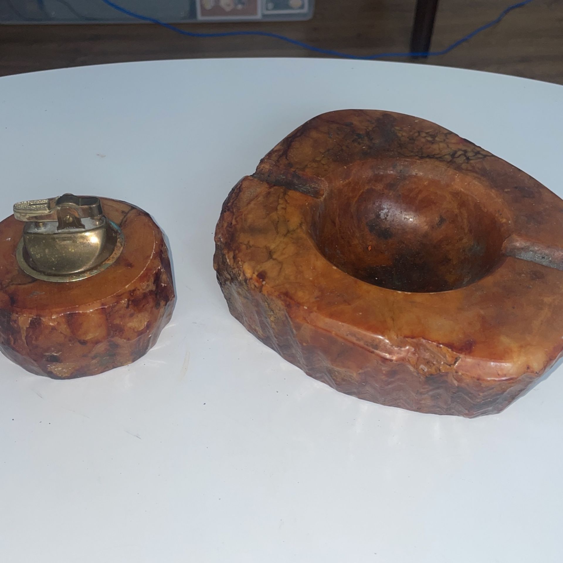Antique Granite Quartz Ashtray With Lighter