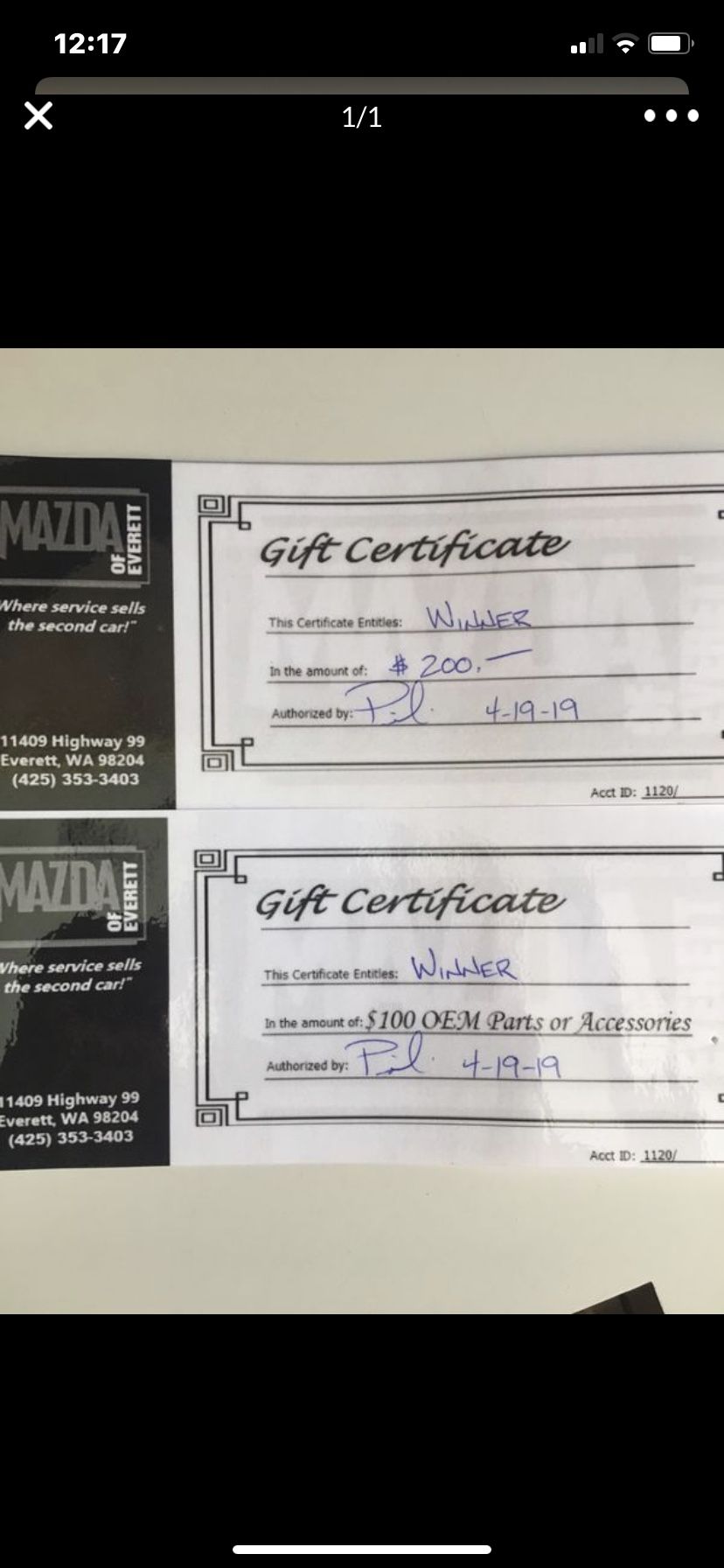 Everett Mazda auto parts/accessories gift certificates
