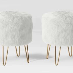 Set of 2,Radovre Ottoman Faux Fur White With Gold Metal Hairpin Legs-Threshold, Brand New in the Box