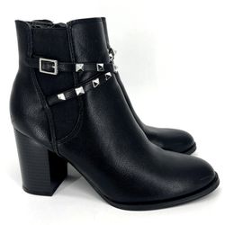 NINE WEST Black Faux Leather Donda Silver Studded Wrap Block Heeled Ankle Boots