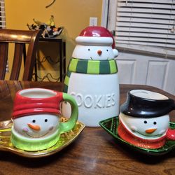 Snowman Cookie Jar, Mugs, Plates