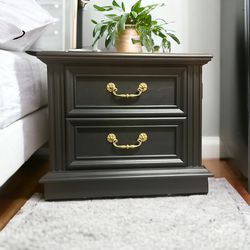 Solid Wood Oak Nightstand End Table Black Chalk Paint Finish with Orignal Gold Hardware