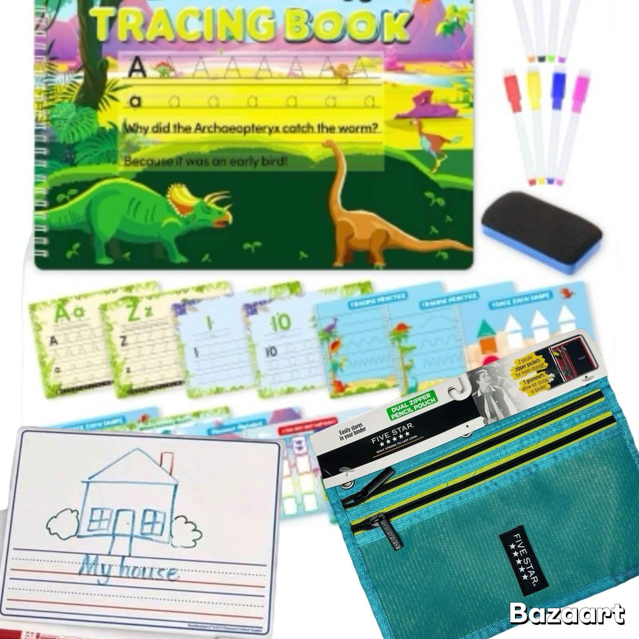 New School Supplies Whiteboard, Five Star Pencil Case , & Dinosaur ABC Tracing