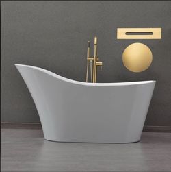B0029,59" Acrylic Freestanding Bathtub Contemporary Soaking Tub with Brushed Gold Overflow and Drain, White Tub,B0029-BG-Drain&0