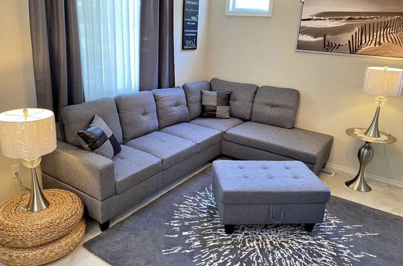 Gray Blue Linen Sectional Couch And Ottoman