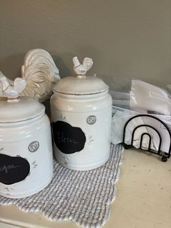 Two French Country Canisters with Rooster on Lids and Chalkboard Area for labeling