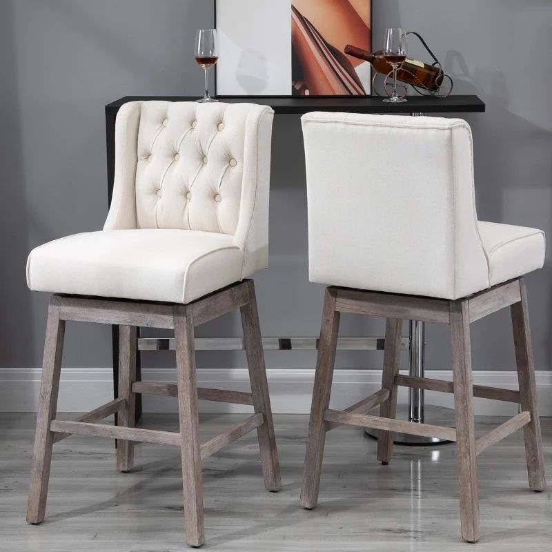 Set of 2 - Beige Tufted Swivel Bar Chairs w/ Solid Wood Frame [NEW] **Retails for $300 <Assembly Req>