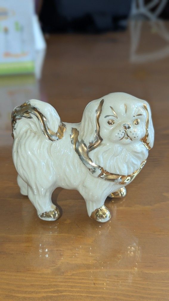 Vintage Porcelain Ceramic Pekingese White And 24k Gold Dog Figurine