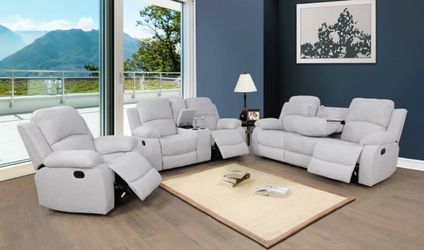 COSTCO Gray chenille fully reclining three piece couch set