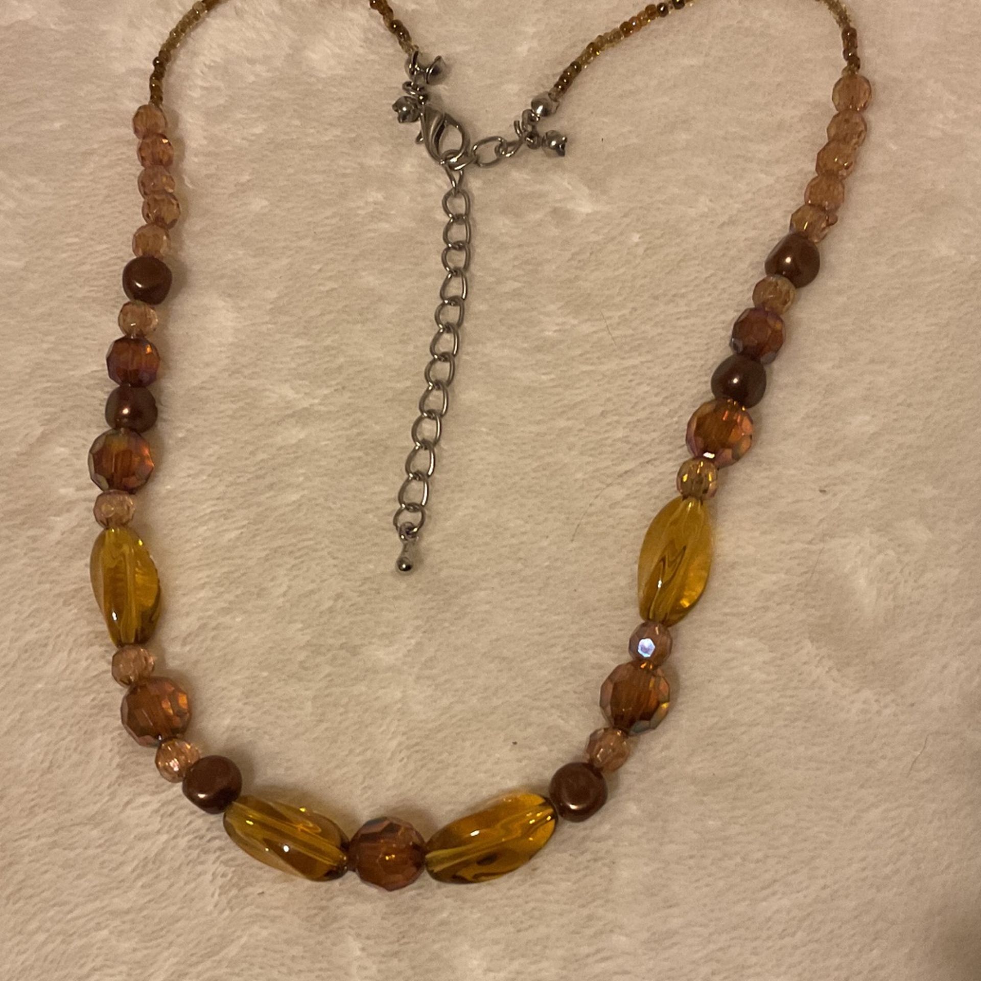 16” Amber Sea Glass And Crystal Beaded Necklace…2” Extension