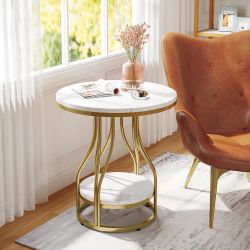 Tribesigns Round Side Table White Gold End Table 2-Tier End Table Modern Bedside Table Small Side Table with Storage for Couch Side, Sofa Side Table w