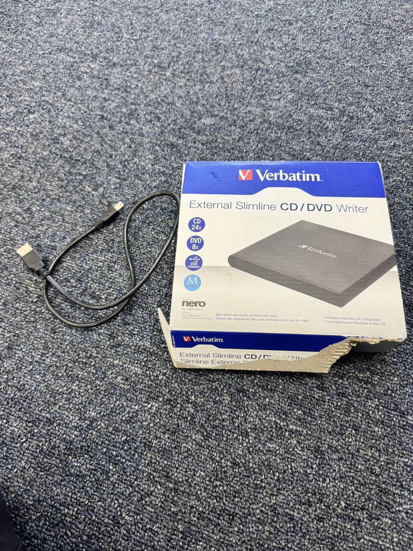 💽 Verbatim External Slimline CD/DVD Writer – Box, Cables & Manual Included