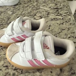 White and pink Adidas Toddler shoes size 6
