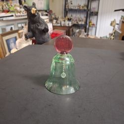 Vintage Mikasa Glass Bell 🔔  Splattered Translucent Green W/Pink Handle, Czech Republic Collectible Glass Bell 4" Tall