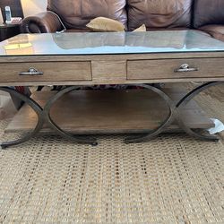 $500 or BEST OFFER, Farmhouse Coffee Table w/ 2 Drawers & Open Shelf for Living Room, Retro Style Room Table with Glass Top
