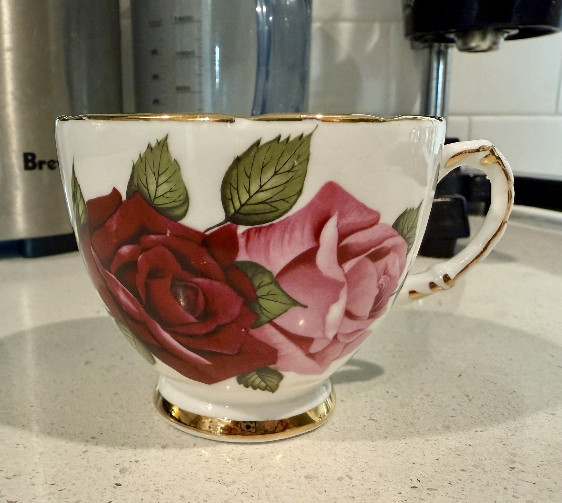 Vintage Royal London Bone China Tea Cup ONLY Pink and Maroon Large Roses w/ Gold Trim