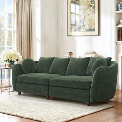 90” Dark Green Chenille Sofa – Modern Couch with Throw Pillows
