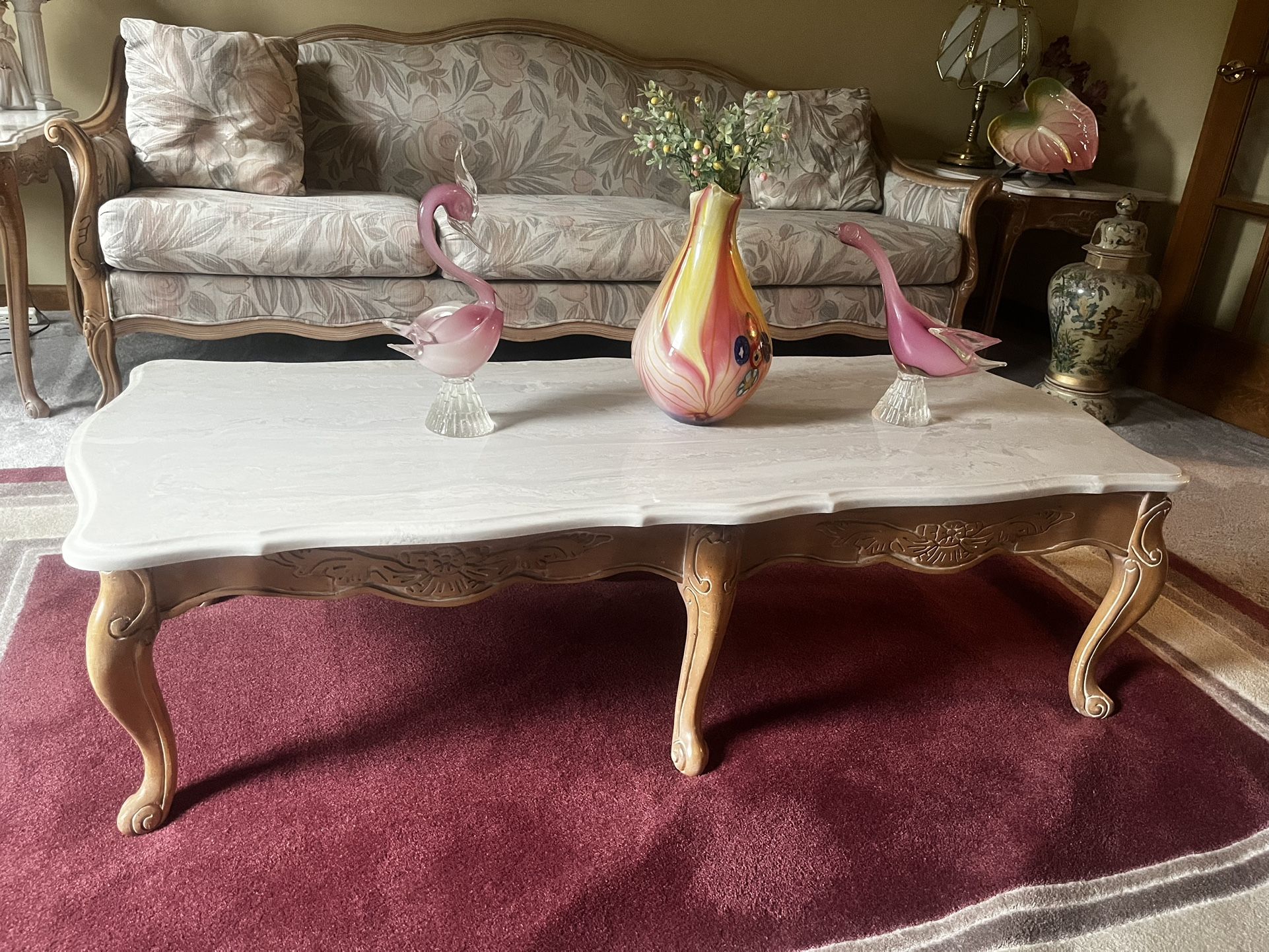Perfect Condition, Classic Couch, Loveseat, And Chair With Marble Top End Tables And Center Coffee Table And Custom Mirror