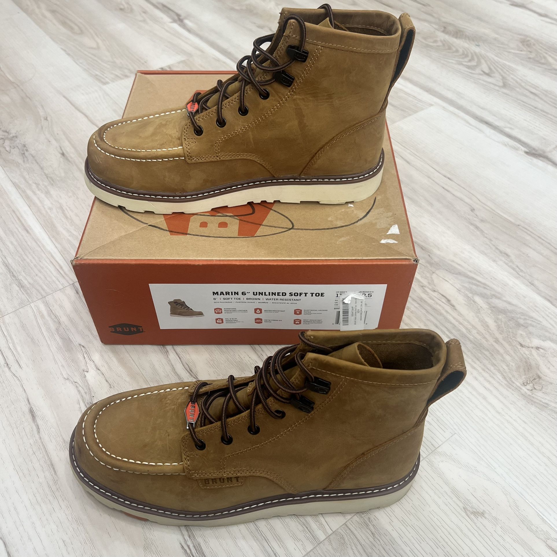 BRUNT Mens Size 11 Marin Unlined Soft Toe WorkBoot Brown Water Oil Slip Resist