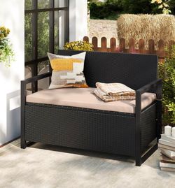 Costway Wicker Loveseat Patio Storage Bench with Integrated Storage and Long Seat Cushion Black