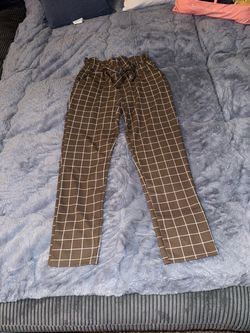 Brown Grid Print Paperbag Waist Pants