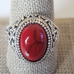 Antique Silver Stone Vintage Jewelry Rings For Men and Women Color silver and Red Size 9.5