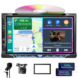 Double Din car Stereo with CD/DVD Player- CarPlay & Android Auto, Car Audio with Bluetooth, 7 Inch HD Touchscreen, Rear Camera, USB/TF/AUX, AM/FM, Sub
