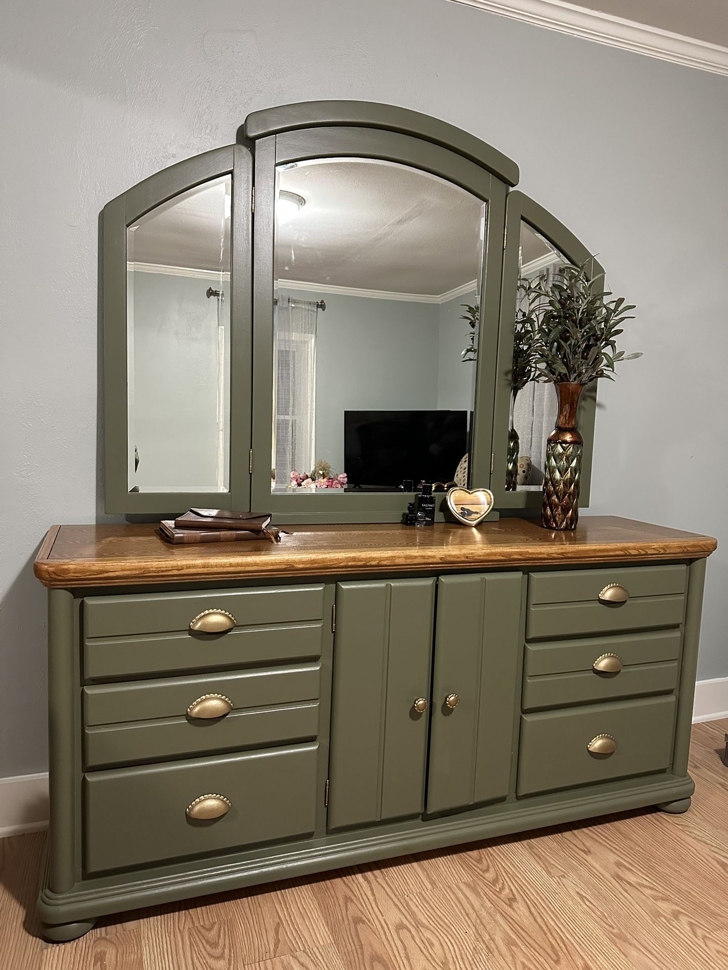 Luxury Refinished Dresser-Triple Mirror- Wood Top