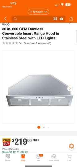 VIKIO 36 in. 600 CFM Ductless Convertible Insert Range Hood in Stainless Steel with LED Lights