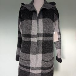 "Cyrus" Plaid Open Front, Gray/Black Hooded, Long Sweater/Jacket, size L, New 
