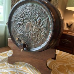 RARE Leather Wrapped Barrel Decanter Heavy Green Glass Spigot 1960s