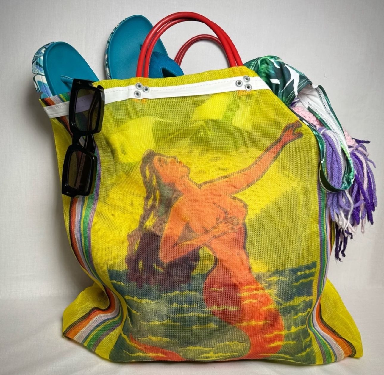 Cheeky Vibrant Yellow Vintage Mermaid Beach Tote