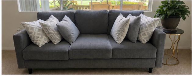 Gray Fabric 3-Seat Sofa with Throw Pillows