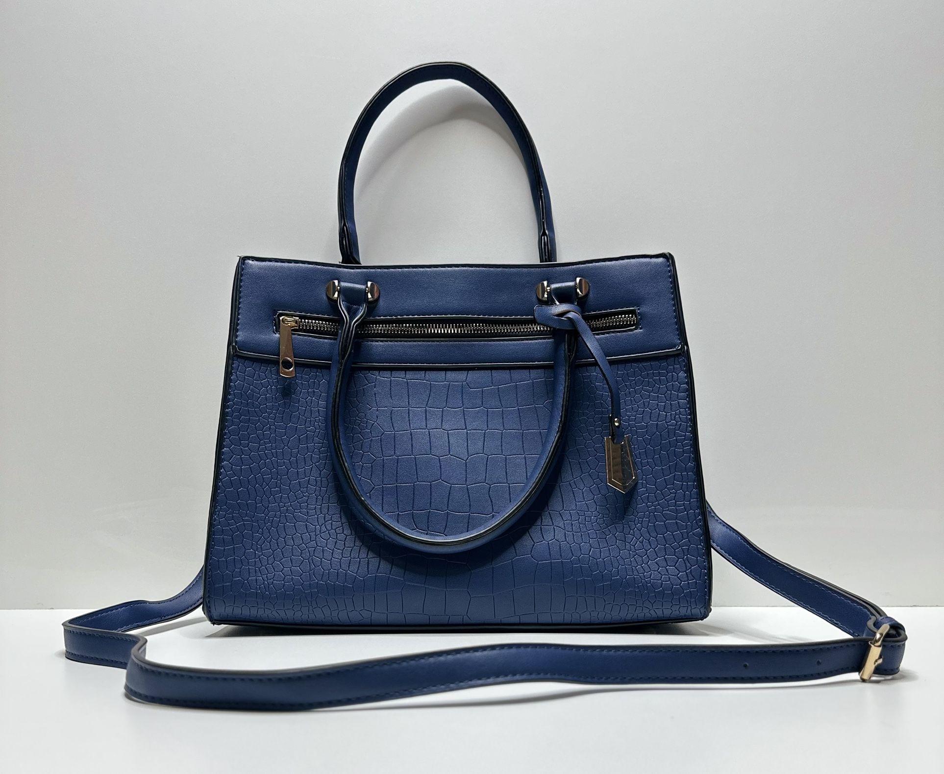 Deep Blue Croc-Embossed Tote Handbag Crossbody Long Strap Gold Hardware