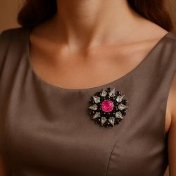 Vintage 1950s Rhinestone Starburst Brooch Pink Black Clear, 1.5”