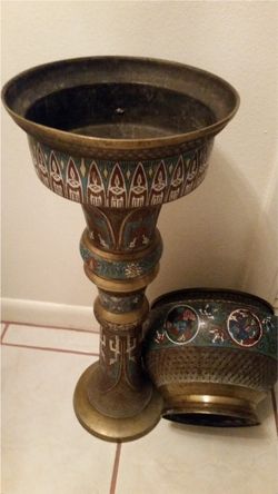 Champleve enamel on brass jardiniere with matching stand