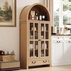 Curved Pantry Storage Unit, Kitchen Display Cabinet Featuring Adjustable Shelves And a Drawer, Tall Standalone Hutch Suitable for Dining Or Living Are