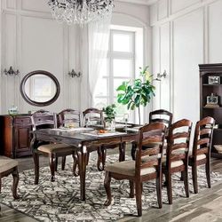 CLASSIC FRENCH STYLE DARK WALNUT FINISH FLOAL ACCENTS 9 PIECE DINING TABLE SET - MESA SILLAS