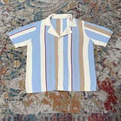 Retro Blue Striped Knit Collared Button Up