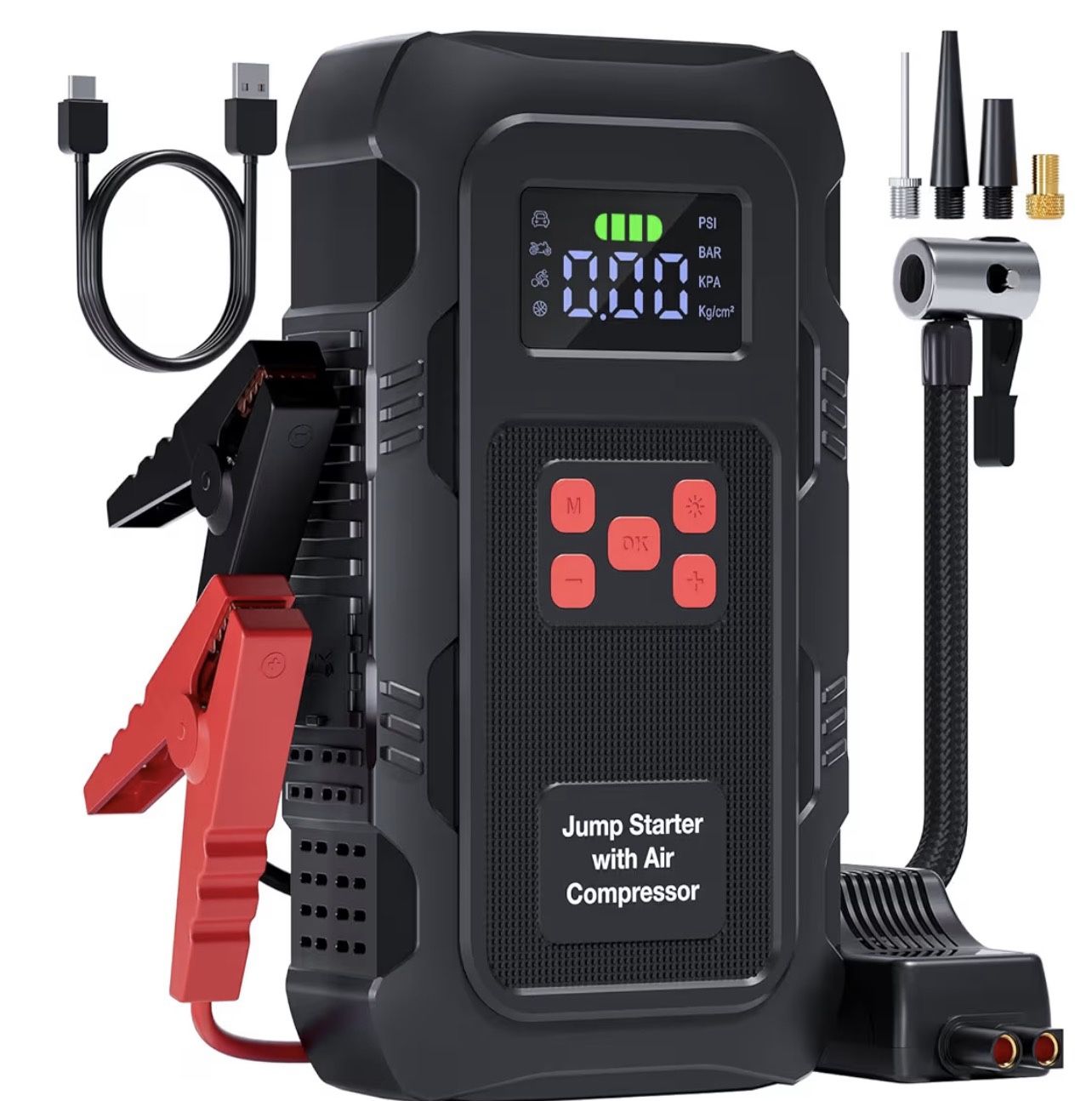 5000A Jump Starter with Air Compressor, Portable Car Battery Jump Starter with 150 PSI Tire Inflator for Up to 10.0L Gas and 8.0L Diesel Engines, 12V