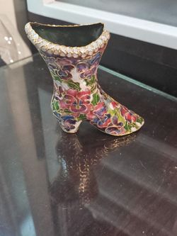 vintage NYCO gilt metal cloisonné enamel floral boot figurine