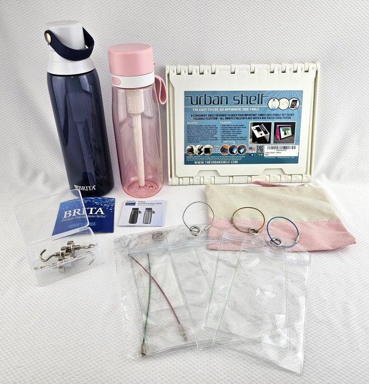 Travel Water Bottles, Luggage Tags, Folding Shelf, Magnet Hooks, Pouch