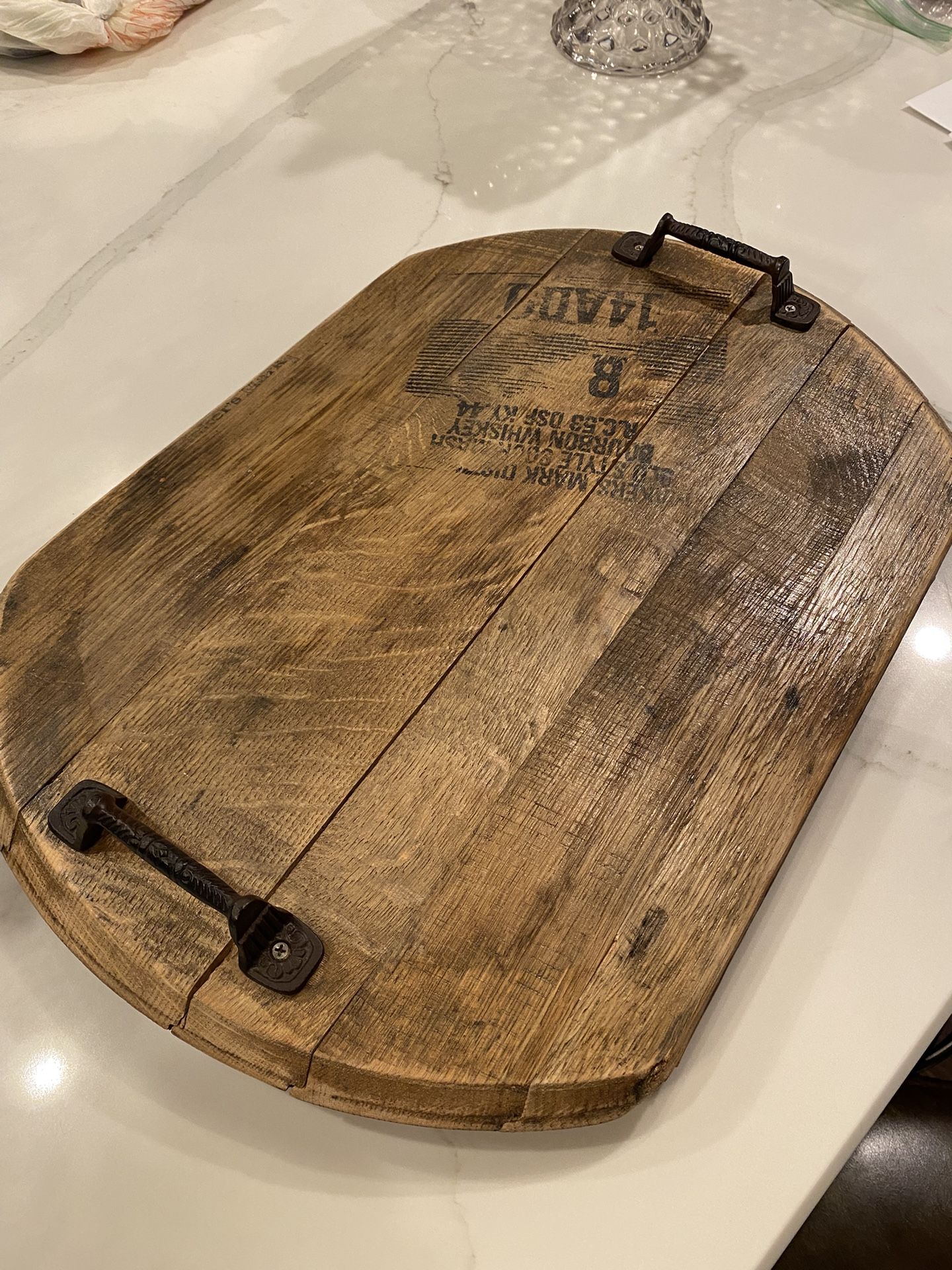 Makers Mark bourbon barrel head serving tray/charcuterie board/decorative piece 21”L, x16W, 1.5”T (great condition) SEE PHOTOS!!