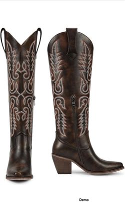 wetkiss Knee High Pointed Toe Cowboy Boots With Retro Embroidery and Chunky Heel - Dark Brown (US9)