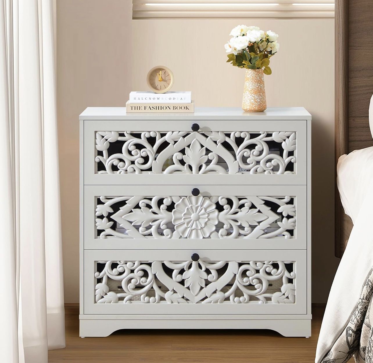 3-Drawer Dresser, Accent Wide Nightstand Chest with Openwork Design, Wooden Carved Floral Storage Cabinet for Bedroom Living Room Entryway (Light Gray