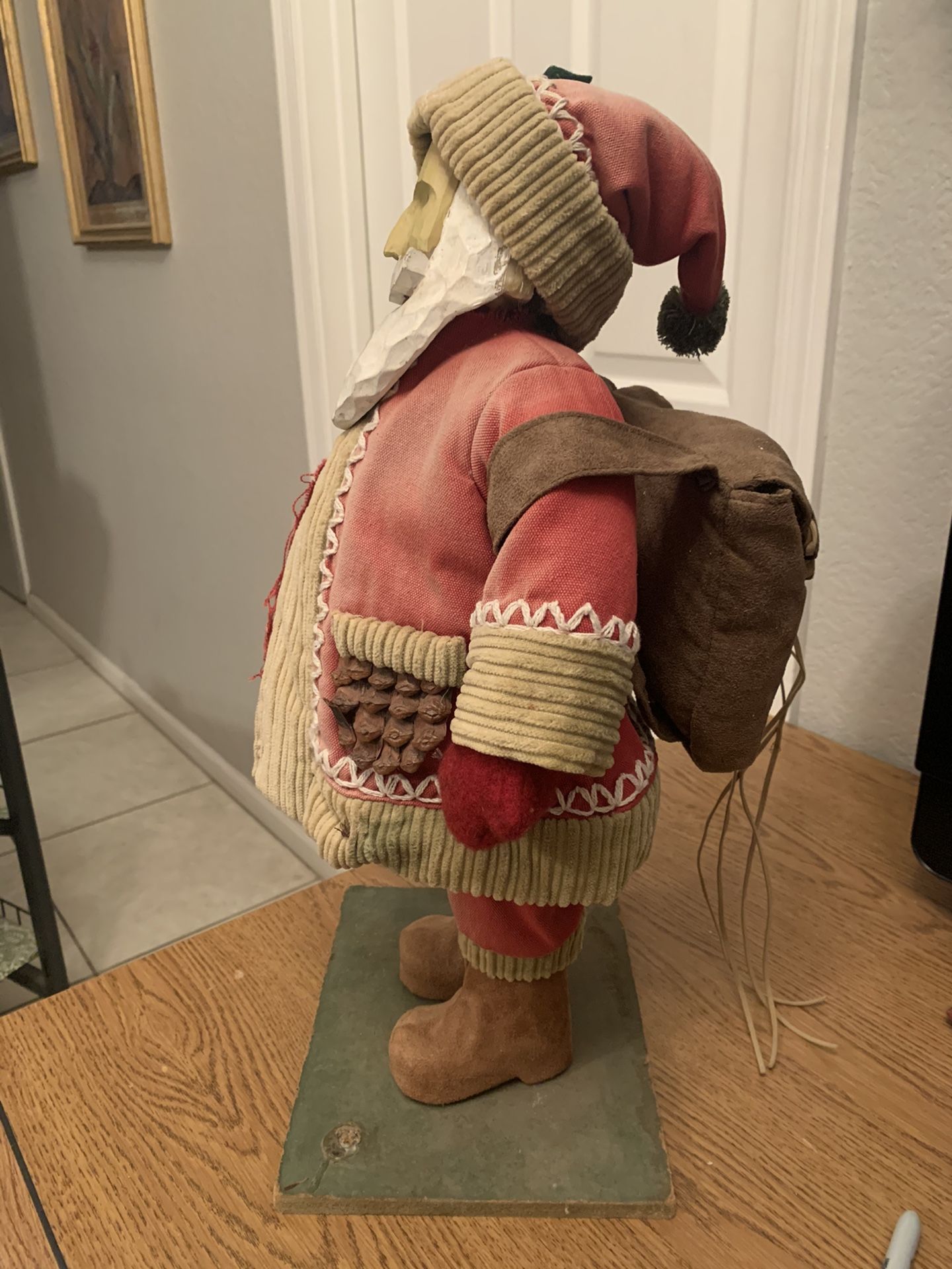 Unique Vintage 20" Carved Resin Face Santa with Foam Body on Wood Stand Pincone