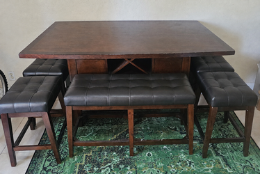 Counter Height Dining Set – Table, Bench & 4 Stools (Wine Rack Storage) – $550