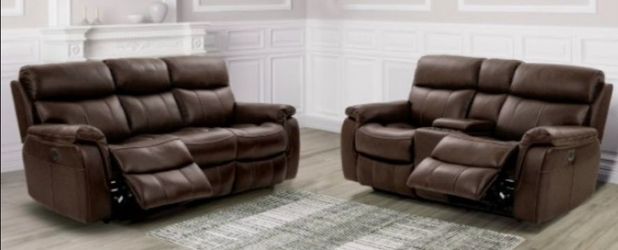 Brand New Brown Top Grain Leather Power Reclining Sofa & Loveseat
