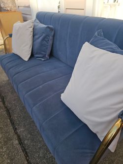 Blue Velvet Sofa with Gold Metal Frame